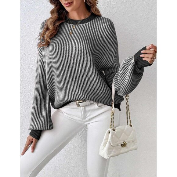 Women's Long Sleeve Ribbed Knit Pullover Black White Casual Sweaters Top - Picture 2 of 5
